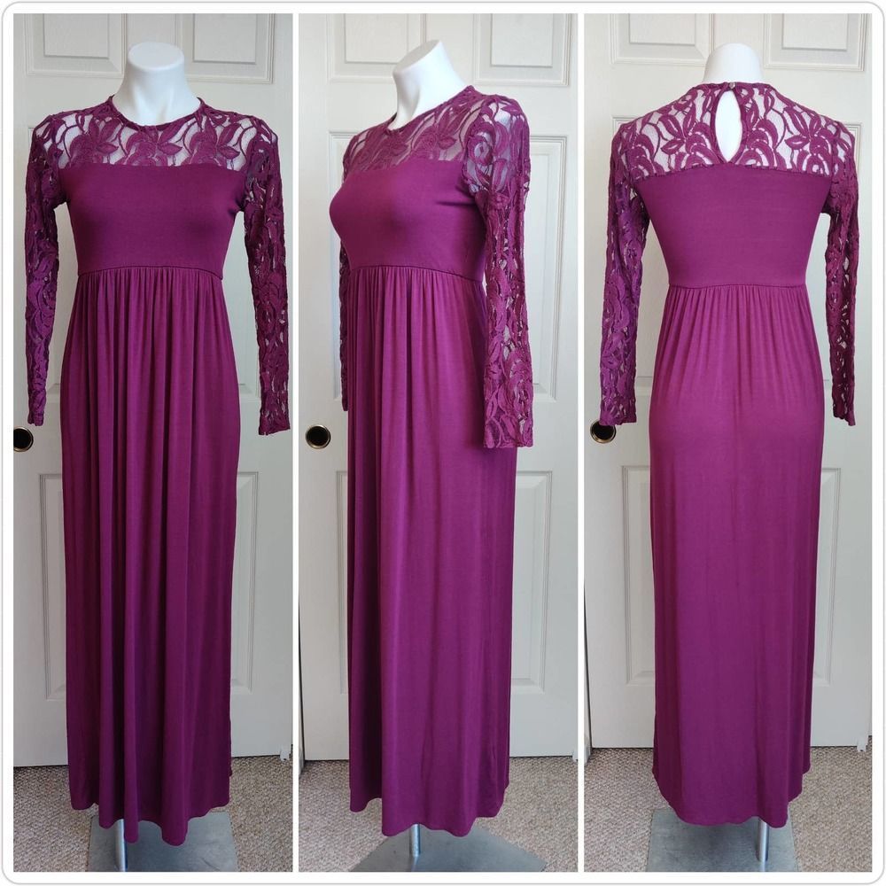 PinkBlush Purple Lace Sleeve Maternity Maxi Dress sz S - Picture 4 of 11